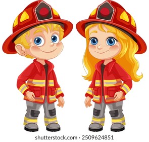 Two children dressed as firefighters smiling