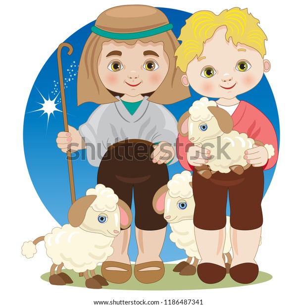 クリスマス キリスト誕生のシーンに 羊飼いと羊の服を着た2人の子ども のベクター画像素材 ロイヤリティフリー