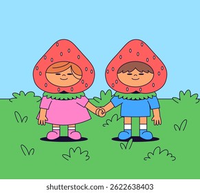 Two children dressed in strawberry costumes, holding hands in a grassy field cartoon vector illustration for  cheerful scene full of friendship and playfulness