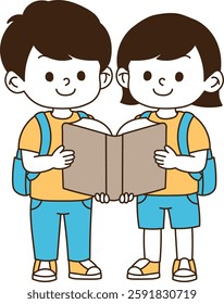 Two children are each wearing school bags and looking at one book together. minimal line art vector illustration.