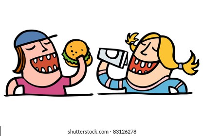 Two children eating fast food
