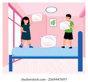 Two children engage in a playful pillow fight on a bed within a lively pink-themed bedroom. Flat vector modern illustration 