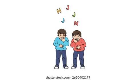 Two children enjoying catching falling letters and learning the alphabet and spelling together