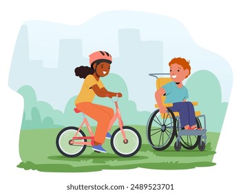 Dos Niños Disfrutando De Actividades Al Aire Libre. Un Niño Va En Bicicleta Y El Otro En Silla De Ruedas. El Escenario Del Vector Promueve La Inclusión Y Muestra La Alegre Participación De Todos Los Niños