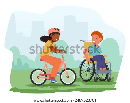 Two Children Enjoying Outdoor Activities. One Child Is Riding A Bicycle, And The Other Is In A Wheelchair. Vector Scene Promotes Inclusivity And Demonstrates The Joyful Participation Of All Children