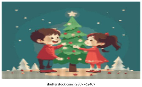 Two children enjoying winter evening placing ornaments on pine tree. Snowy landscape background with happy little boy and girl celebrating magical holiday night season.