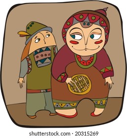 Two children in ethnic clothes with spice-cake in hands