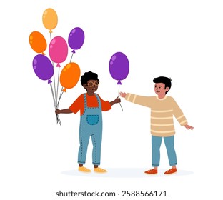 Two children exchanging colorful balloons at a cheerful outdoor celebration