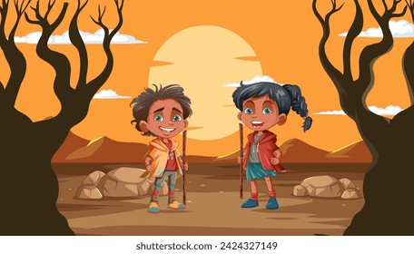 Two children exploring a barren landscape at sunset