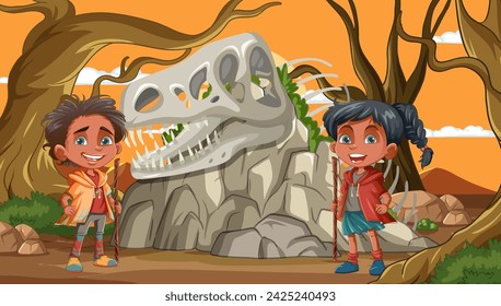 Dos niños explorando cerca de un gran cráneo de dinosaurio