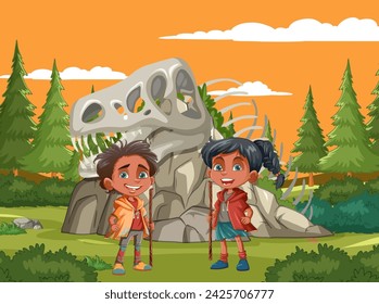 Two children exploring a prehistoric-themed park