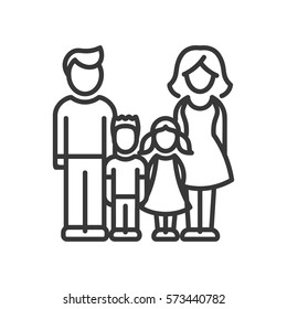 Two Children Family - vector modern line design illustrative icon. Man, woman, girl, boy models standing together.