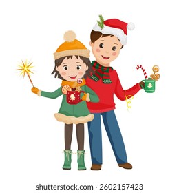 Two children in festive clothing, holding holiday drinks and smiling. Cute cartoon Christmas scene. Isolated on white background.