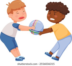 Two children fighting over a ball, one crying while the other displays anger, illustrating themes of bullying and racism in a playground setting. Conflict and emotions are evident