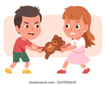 Dos niños peleando por juguetes, conflictos, rivalidad entre hermanos, desacuerdos infantiles. Problema de rivalidad de relaciones, pelea. Hermano enojado, hermana que separa a osito de peluche. Ilustración de personaje