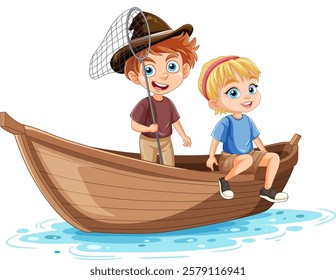 Two children fishing on a wooden boat