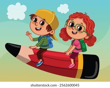 Two children are flying in the sky on a giant pencil.