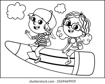 Two children are flying in the sky on a giant pencil. Black and white vector illustration.