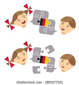 Two Children in German lesson dialog. Illustration of little boy and girl with Puzzle speech bubbles with a German flag symbolizing German conversation. Vector available.