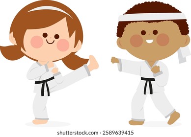 Two children, a girl and a boy training in martial arts uniforms. Karate, Taekwondo, judo, jujitsu, kickboxing, or kung fu suits. Vector illustration set.