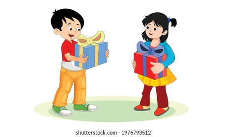 Two children giving gifts to each other - illustration