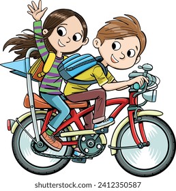 dos niños van a la escuela en bicicleta