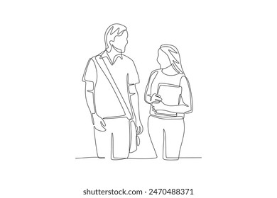 Two children are going to school while chatting. Back to school concept one-line drawing