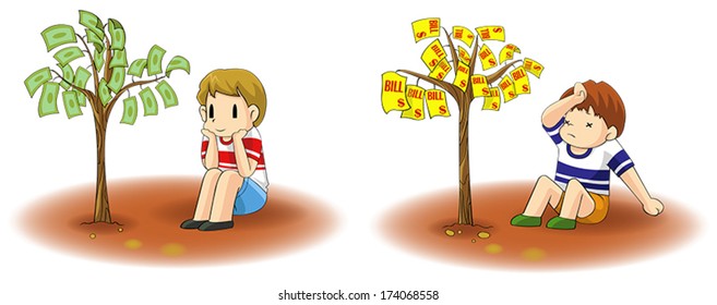Two children is growing a diversity tree. An income and a debt tree, create by vector 