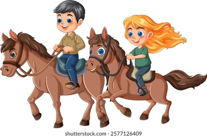 Two children happily riding horses together