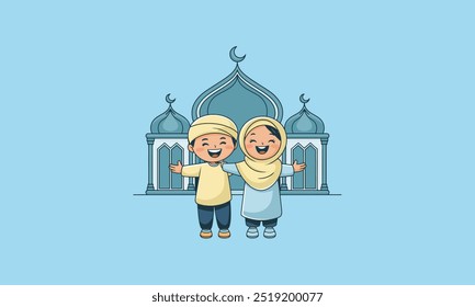Two children happily welcoming Ramadan in front of a mosque