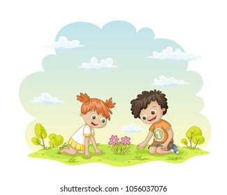 Two children are happy about a flower in a meadow