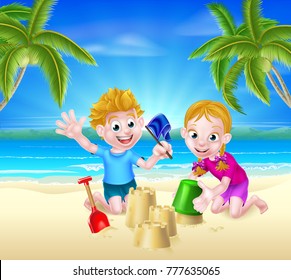 Two children having fun building sandcastles on a tropical beach with palm trees