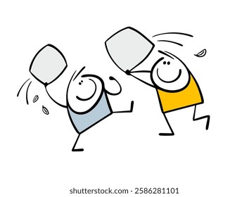 Two children are having fun playing, fighting with pillows. Vector illustration of a child's fight on a bed, a carefree childhood. Isolated cartoon character on white background.