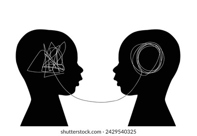 Two children head black silhouette psychotherapy concept. Mental health vector illustration