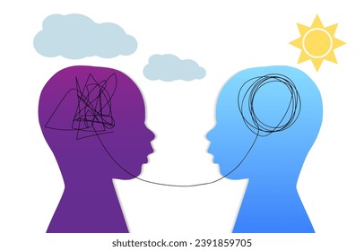 Two children head silhouette psycho therapy adhd concept. Mental health vector illustration