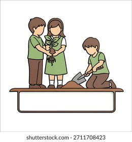 Two children hold a seedling while another digs soil with a shovel, all standing on a wooden surface with a blank sign below.