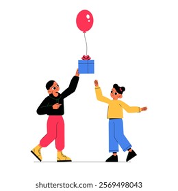 Two Children Holding A Balloon With A Gift Box In Flat Vector Illustration Symbolizing Friendship, Celebration, And Joy, Isolated On White Background