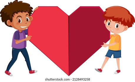 Two children holding a big red heart illustration