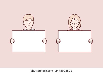 Two children are holding blank paper. Hand drawn style vector design illustrations.