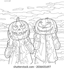 Two children holding festive halloween pumpkins. Coloring book antistress for children and adults