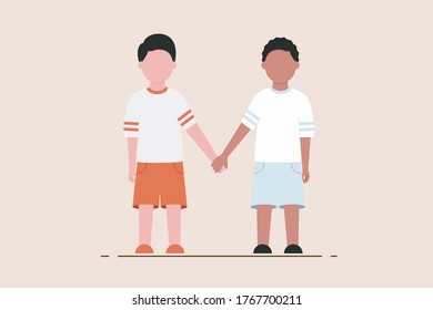 two children holding hands with different skin colors. symbol against racism. flat design