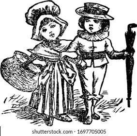 Zwei Kinder, die Händen halten und auf der Straße gehen, ein Kind, das einen Korb in der einen Hand hält, und ein Kind, das einen Regenschirm in der Hand hält, eine Vintage-Linie zeichnen oder Graviergrafik