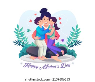 Two children hug and kiss their happy mother's cheeks from both sides. Happy mother's day. Flat style vector illustration