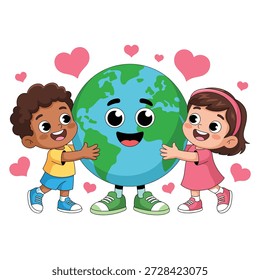 Two children hugging a smiling Earth with floating hearts