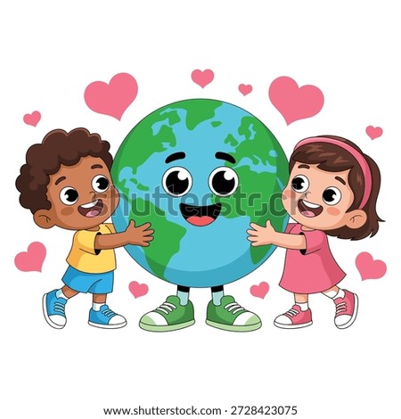 Two children hugging a smiling Earth with floating hearts