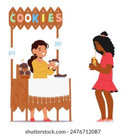 Two Children Interact At A Cookie Stand, With One Selling Cookies And The Other Buying And Drinking Lemonade. Vector Scene Embodies Entrepreneurship, Childhood, And Community. Cartoon Illustration