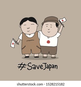 Two Children With Japan Flag. Hashtag Save Japan. Solidarity Cartoon for Japan. This Country will be hit by typhoon Hagibis on October 11, 2019.