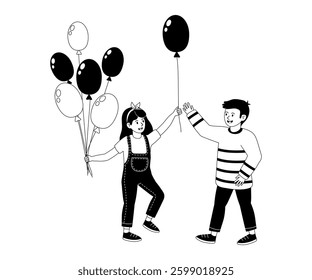 Two children joyfully exchanging balloons in a playful outdoor setting during the daytime