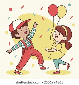 Two children joyfully playing with balloons in a festive setting.