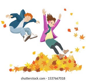Two children jumping into pile of leaves. Vector illustration